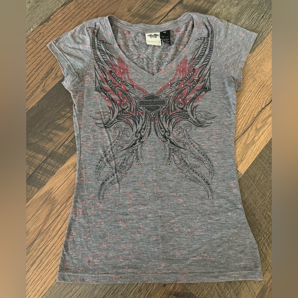 Harley-Davidson Gray and Red Short Sleeve Tee